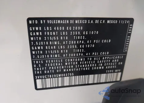 2025 Volkswagen Taos 1.5T Se z USA, uszkodzony, nr VIN 3VVUC7B29SM003755